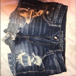 AEO dark washed, distressed, high waisted shorts